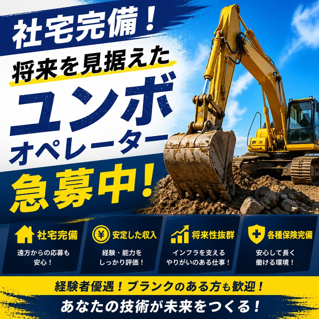 社宅完備！将来を見据えたユンボオペレーター急募中！