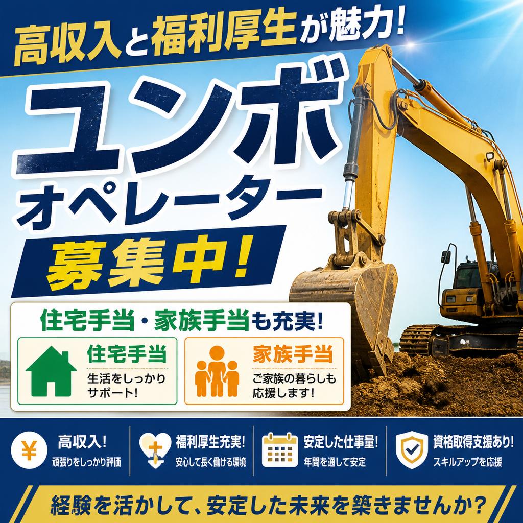 高収入と福利厚生が魅力! ユンボオペレーター募集中、住宅手当・家族手当も充実!