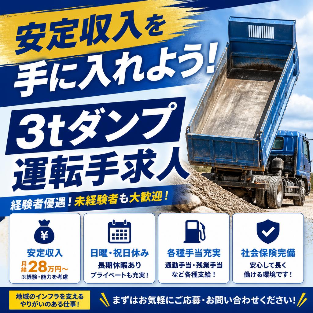 安定収入を手に入れよう！3tダンプ運転手求人