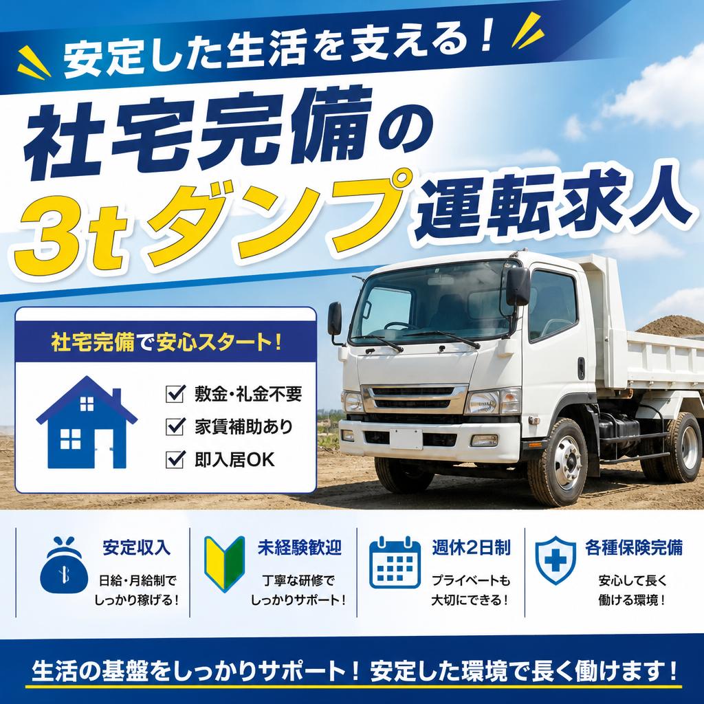 安定した生活を支える！社宅完備の3tダンプ運転求人