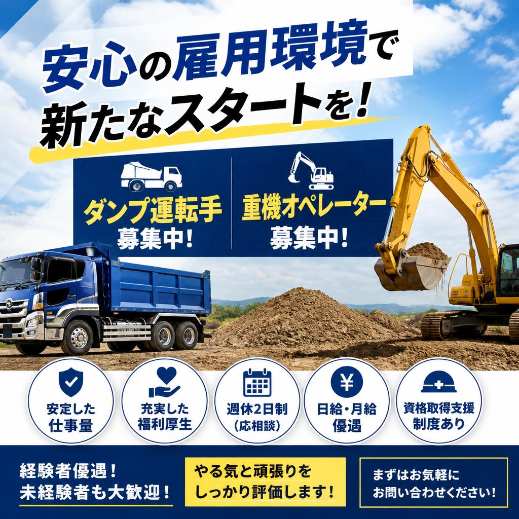 安心の雇用環境で新たなスタートを！ダンプ運転手と重機オペレーター募集中！