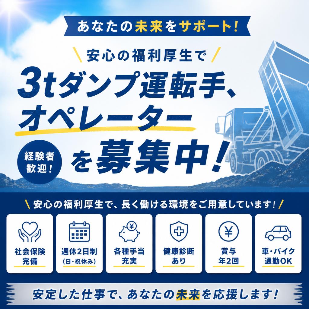 あなたの未来をサポート！安心の福利厚生で3tダンプ運転手、オペレーターを募集中