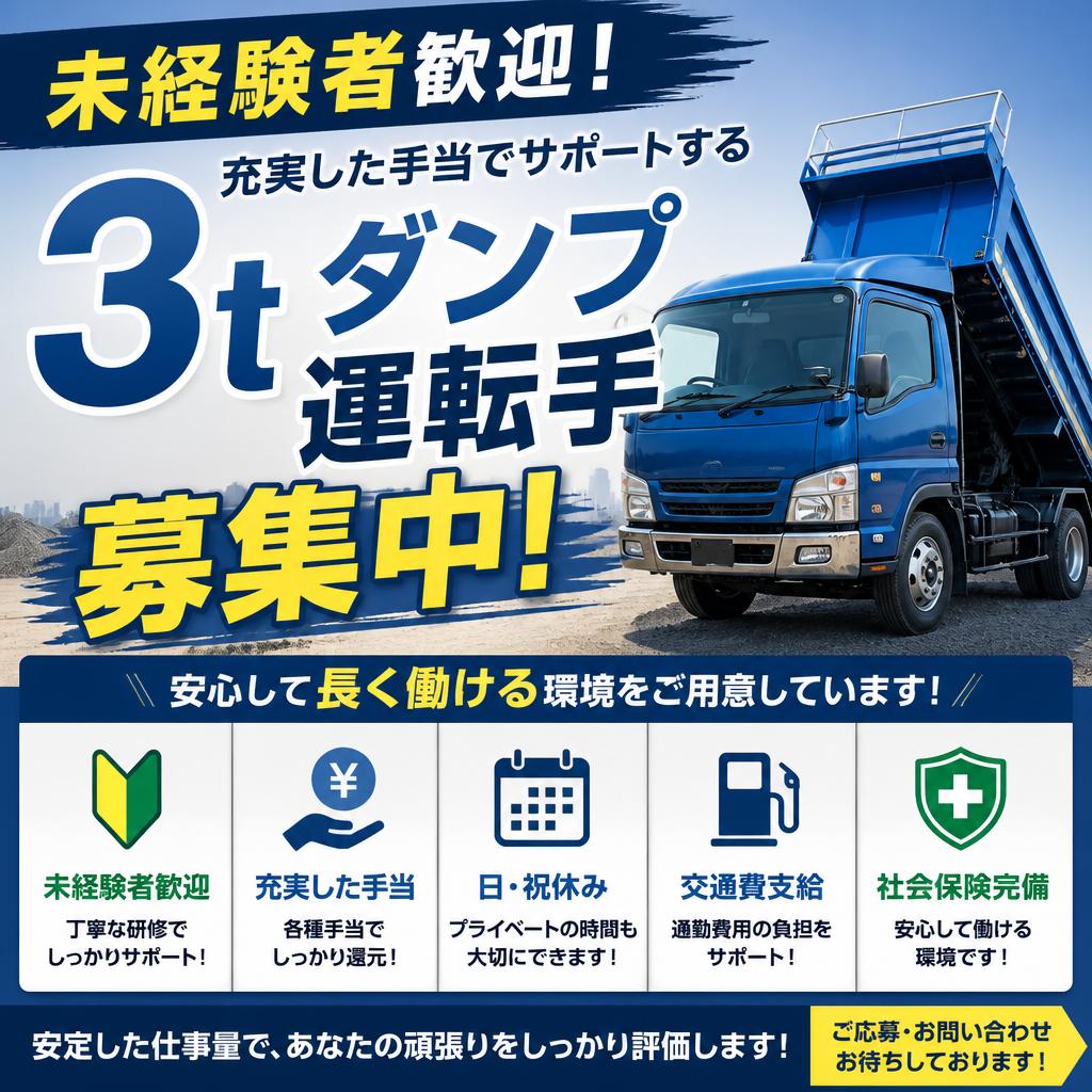 未経験者歓迎！充実した手当でサポートする3tダンプ運転手募集中！