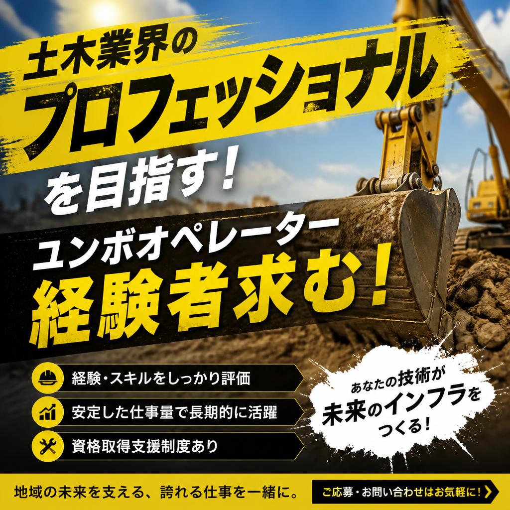 土木業界のプロフェッショナルを目指す！ユンボオペレーター経験者求む！