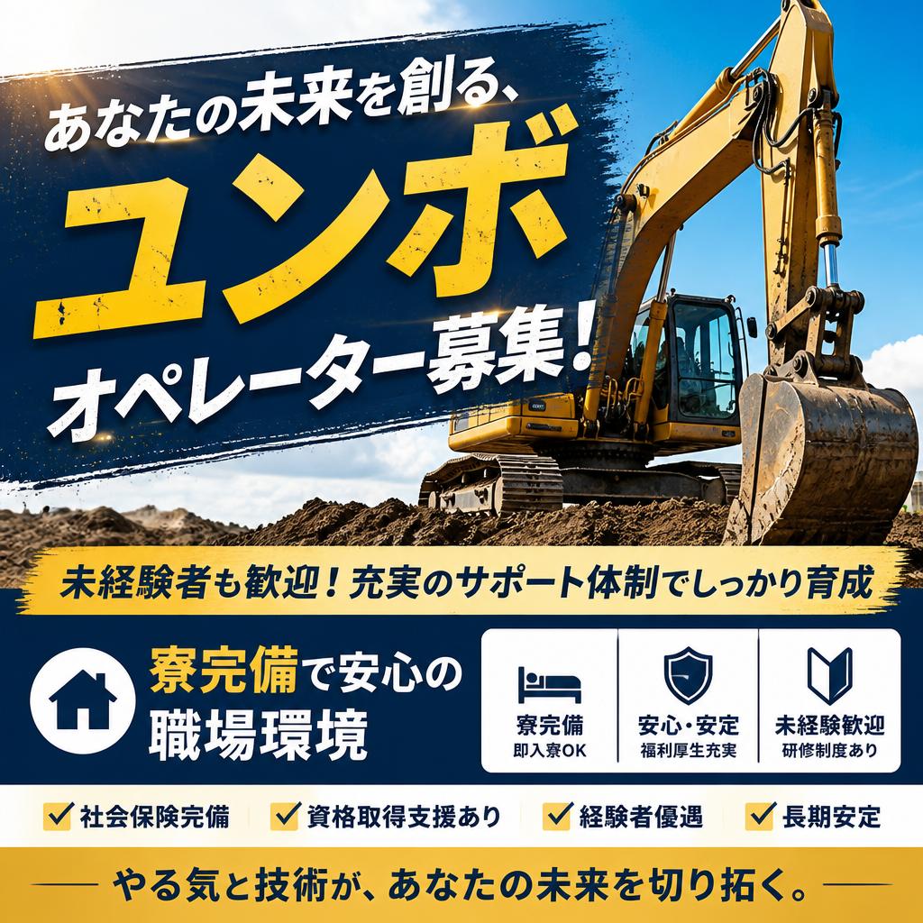 あなたの未来を創る、ユンボオペレーター募集！寮完備で安心の職場環境