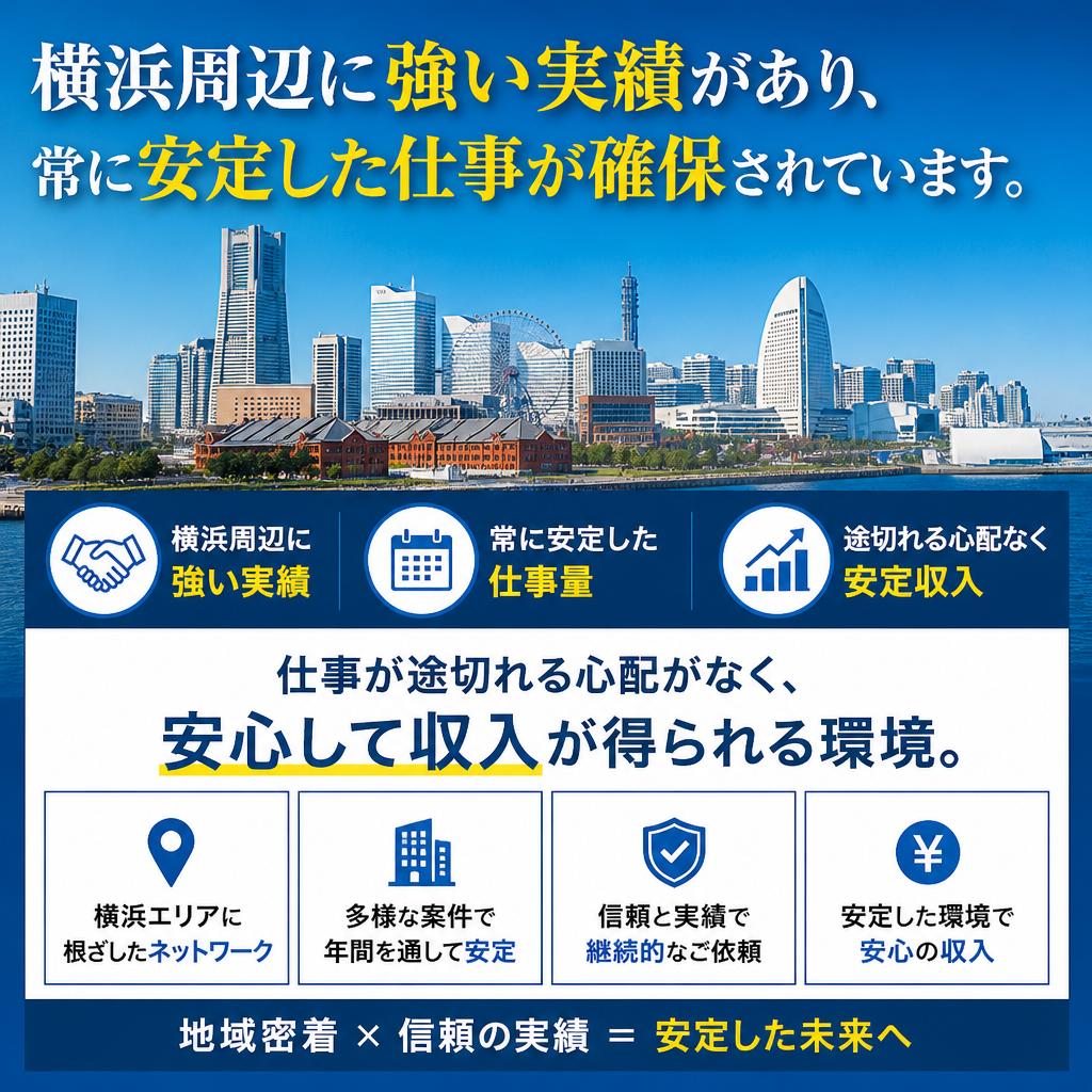 横浜エリアの安定した仕事量について